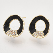 Brass Micro Pave Cubic Zirconia Stud Earring Findings, Enamel and Loop, Nickel Free, Real 18K Gold Plated, Ring, Black, 15x14.5mm, Hole: 1mm, Pin: 0.7mm(KK-T054-36G-01-NF)