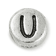 925 Sterling Silver Flat Round with Letter Beads, with 925 Stamp, Antique Silver, Letter U, 6.5x3mm, Hole: 1.2mm(STER-G044-01AS-U)