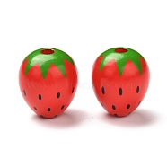Spray Painted Natural Wood Beads, with Strawberry Pattern, Red, 23x20mm, Hole: 4.5mm(X-WOOD-C007-02)