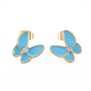 Brass Micro Pave Clear Cubic Zirconia Stud Earrings, with Enamel and Ear Nuts, Cadmium Free & Nickel Free & Lead Free, Butterfly, Real 16K Gold Plated, Light Sky Blue, 11x11.5mm, Pin: 0.8mm(EJEW-S210-015A-NR)