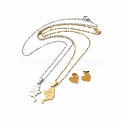 Heart with Boy & Girl Couple Pendant Necklaces & Stud Earrings, Vacuum Plating 304 Stainless Steel Word Love Jewelry Set for Valentine's Day, Golden & Stainless Steel Color, 450mm, 10x12mm, Pin: 0.8mm(SJEW-E045-05GP)