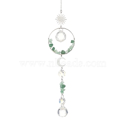 Glass Beads & Natural Green Aventurine Chip Beads & Brass Hanging Suncatchers, Sun & Moon, for Garden Window Ornaments, 315mm(HJEW-JM05026-04)