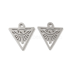 Non-Tarnish 304 Stainless Steel Charms, Laser Cut, Triangle with Eye Charm, Stainless Steel Color, 14.5x13x1mm, Hole: 1.5mm(STAS-J042-36P)