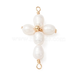 Grade AA Natural Cultured Freshwater Pearl Copper Wire Wrapped Connector Charms, Cross Links, Golden, 34.5x19x6.5mm, Hole: 1.6mm(PALLOY-JF02134)