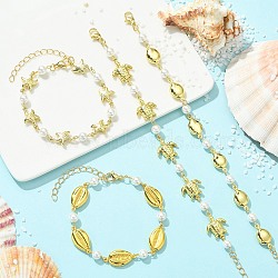 4Pcs 304 Stainless Steel & Shell Pearl Link Chains Bracelets for Women, Cowrie Shell Shape & Teardrop & Starfish & Turtle, Mixed Color, 9.06~9.45 inch(23~24cm)(BJEW-JB13815)