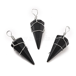 Natural Obsidian Gemstone Pendants, with Platinum Tone Copper Wire Wrapped, Cadmium Free & Lead Free, Faceted Cone, 46.5~53x17~19x17~18mm, Hole: 5~6.5mm(G-D458-06P-03-RS)