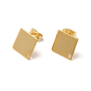 201 Stainless Steel Stud Earring Findings, with 304 Stainless Steel Pin & Hole & Friction Ear Nuts, Rhombus, Real 24K Gold Plated, 14x14mm, Hole: 1.6mm, Pin: 0.7mm