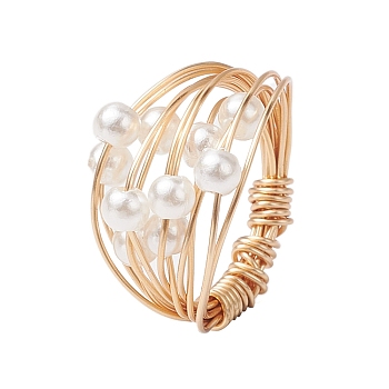 Copper Wire Wrapped Finger Rings, Round ABS Imitaiton Pearl Rings for Women, Light Gold, 16mm, Inner Diameter: 18mm