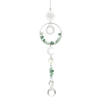 Glass Beads & Natural Green Aventurine Chip Beads & Brass Hanging Suncatchers, Sun & Moon, for Garden Window Ornaments, 315mm