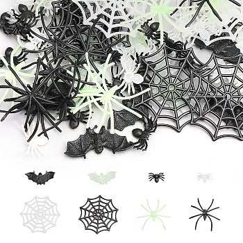 200Pcs 8 Style Plastic Toys, Scary Halloween Toys, Spider & Spider Web & Bat, Mixed Color, 14~53.5x20~51x1.5~6mm