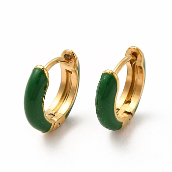 Enamel Hoop Earrings, Real 18K Gold Plated 316 Surgical Stainless Steel Jewelry for Women, Dark Green, 13x14x3mm, Pin: 1mm
