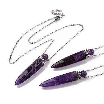 Natural Amethyst Bullet Shaped Perfume Bottle Pendant Necklaces, 304 & 201 Stainless Steel Cable Chain Necklaces for Women, Stainless Steel Color, 18.70 inch(47.5cm)