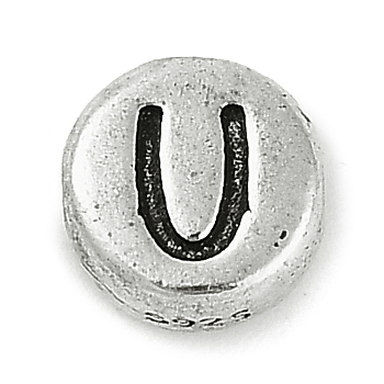 925 Sterling Silver Flat Round with Letter Beads, with 925 Stamp, Antique Silver, Letter U, 6.5x3mm, Hole: 1.2mm