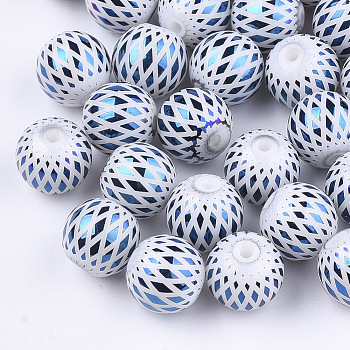 Electroplate Glass Beads, Round with Rhombus Pattern, Blue, 8~8.5mm, Hole: 1.5mm