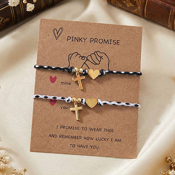 Adjustable Stainless Steel Religion Cross Heart Charm Friendship Braided Cord Bracelet Sets, Black and White, Golden, 11.02 inch(28cm), 2pcs/set