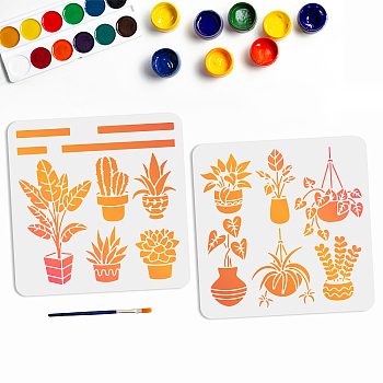 US 2Pcs 2 Styles PET Hollow Out Drawing Painting Stencils, for DIY Scrapbook, Photo Album, with 1Pc Art Paint Brushes, Plants Pattern, Stencils: 300x300mm, 1pc/style