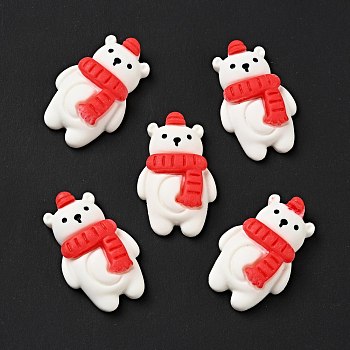 Opaque Christmas Resin Cabochons, Bear with Red Scarf, White, 26.5x17x6.5mm