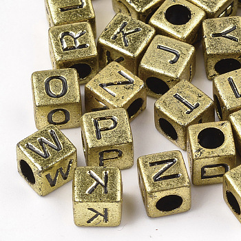 Acrylic Beads, Horizontal Hole, Metallic Plated, Cube with Letter, 6x6x6mm, about 3000pcs/500g