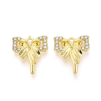 Alloy Rhinestone Pendants, Bowknot Charms, Light Gold, 19x16x4mm, Hole: 1.8mm