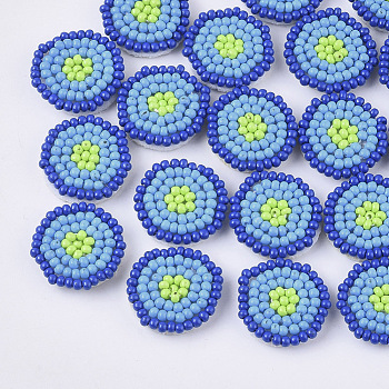 Glass Seed Beads Cabochons, Cluster Beads, with Non-Woven Fabric, Flat Round, Light Sky Blue, 17~18x3.5~4mm