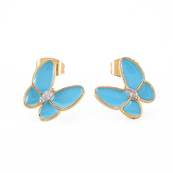 Brass Micro Pave Clear Cubic Zirconia Stud Earrings, with Enamel and Ear Nuts, Cadmium Free & Nickel Free & Lead Free, Butterfly, Real 16K Gold Plated, Light Sky Blue, 11x11.5mm, Pin: 0.8mm