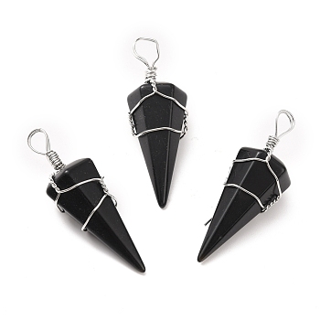 Natural Obsidian Gemstone Pendants, with Platinum Tone Copper Wire Wrapped, Cadmium Free & Lead Free, Faceted Cone, 46.5~53x17~19x17~18mm, Hole: 5~6.5mm