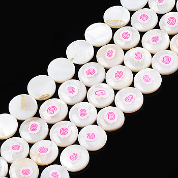 Natural Freshwater Shell Enamel Beads, Flat Round, Hot Pink, 11x3mm, Hole: 0.8mm, about 32pcs/strand, 14.37 inch(36.5cm)