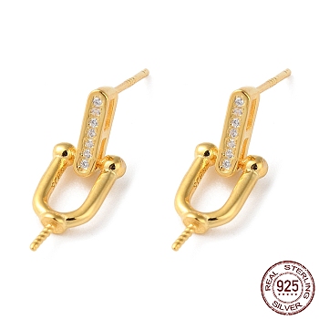 925 Sterling Silver Stud Earring Findings, with Micro Pave Clear Cubic Zirconia, Oval, for Half Drilled Beads, with S925 Stamp, Real 18K Gold Plated, 9.5x7mm, Pin: 11x0.9mm and 0.7mm