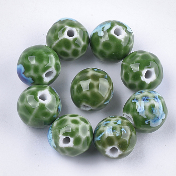 Handmade Porcelain Beads, Fancy Antique Glazed Porcelain, Round, Green, 16~16.5x15.5~16x15~16mm, Hole: 2.5~3mm