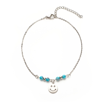304 Stainless Steel Smiling Face Charm Anklet with Round Natural White Jade Beads for Women, Platinum & Stainless Steel Color, 9-7/8 inch(25cm)