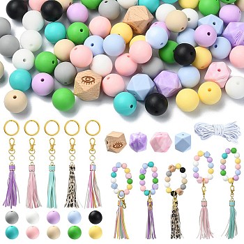 DIY Tassel & Silicone Beaded Keychain Making Kit, Mixed Color, 15mm, Hole: 2mm