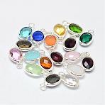 Oval Faceted Silver Color Plated Brass Glass Charms, Mixed Color, 12x7x3.5mm, Hole: 1mm(GLAA-O015-S)