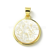 Rack Plating Brass Pave Natural Shell Pendants, Flat Round Charms, Long-Lasting Plated, Real 18K Gold Plated, Cadmium Free & Lead Free, 19.5x17x4mm, Hole: 5x3mm(KK-A204-01B-02G)