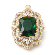 Brass with K9 Glass & Rhinestone Pendants, Light Gold, Oval Charms, Emerald, 24x16x6mm, Hole: 1.5mm(KK-C024-07KCG-03)
