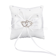 Tribute Silk Wedding Ring Pillow with Polyester Ribbon and Alloy Heart, Square, White, 100x100x39mm(DIY-WH0325-48A)
