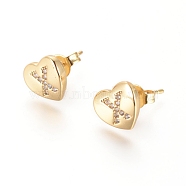 Brass Micro Pave Cubic Zirconia Stud Earrings, with Ear Nuts, Long-Lasting Plated, Heart with Initial Letter, Golden, Clear, Letter.X, 8x9x2mm, Pin: 0.7mm(EJEW-I234-01G-X)