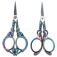 2Pcs 2 Style Stainless Steel Embroidery Scissors, Retro Snips, for Needlework, Cross-stitch, Embroidery, Sewing, Quilting Craft, Rainbow Color, 11~11.85x4.8~5.3x0.5cm, 1pc/style(TOOL-SC0001-41)