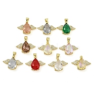 Rack Plating Brass Micro Pave Clear Cubic Zirconia Pendants, with Glass, Long-Lasting Plated, Cadmium Free & Lead Free, Teardrop with Wing Charms, Mixed Color, 17x23.5x7mm, Hole: 4.5x3.5mm(ZIRC-L100-151G)