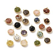 Natural & Synthetic Gemstone Chip Pendants, with Rack Plating Real 18K Gold Plated Brass Findings, Round, Cadmium Free & Nickel Free & Lead Free, Mixed Dyed and Undyed, 24x20x10~13mm, Hole: 1.8mm(KK-C242-05G)