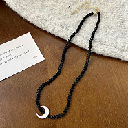 Fashionable Glass Beaded Necklaces, Natural Shell Crescent Moon Pendant Necklaces, Black(WY3356-2)