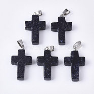 Synthetic Blue Goldstone Pendants, with Stainless Steel Peg Bails, Cross, Stainless Steel Color, 28~30x18x6mm, Hole: 7x3.5mm(G-S358-002A)
