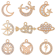 54Pcs 9 Style Alloy Pendants, with Crystal Rhinestone, Cadmium Free & Lead Free, Tree & Butterfly & Moon & Heart & Lightning Bolt, Light Gold, 14~23x14~26x2~3.5mm, Hole: 1.8~2.2mm, 6Pcs/style(FIND-FH0007-18)