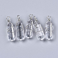 Transparent Glass Pendants, with Platinum Tone Iron Wire Wrapped, Bullet, Clear, 41~43x11~12x10~11mm, Hole: 3~4mm(GLAA-S130-35)