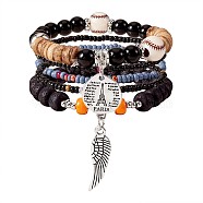 5Pcs 5 Style Wood & Glass Seed & Acrylic Beaded Stretch Bracelets Set with Baseball, Bohemian Stackable Bracelets with Alloy Wings & Pairs Charm for Women, Black, 7-1/8 inch(18cm), 1Pc/style(JB709F)