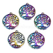 Alloy Pendants, Cadmium Free & Nickel Free & Lead Free, Flat Round with Tree, Rainbow Color, 27x24.5x3mm, Hole: 1.4mm(PALLOY-N163-005-NR)