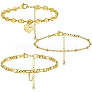 Anklets Sets, with Brass Micro Pave Cubic Zirconia Charms, 304 Stainless Steel Chain Extender & Figaro Chains & Pendant  & Lobster Claw Clasps & Cable Chains & Coffee Bean Chains, Letter.U, 9x6x1.5mm, 8-1/2 inch(21.5cm), 3pcs/set(AJEW-AN00383-21)