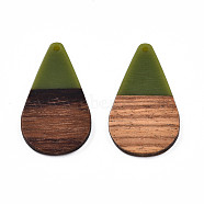 Opaque Resin & Walnut Wood Pendants, Teardrop Shape Charm, Olive, 38x22x3mm, Hole: 2mm(RESI-N025-030-B02)