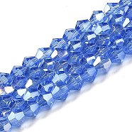 Transparent Electroplate Glass Beads Strands, AB Color Plated, Faceted, Bicone, Light Blue, 3.5~3.8x3mm, Hole: 0.8mm, about 113~115pcs/strand, 14.17~14.37 inch(36~36.5cm)(EGLA-A039-T3mm-B07)