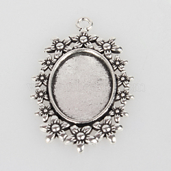 Vintage Tibetan Style Alloy Flower Pendant Cabochon Bezel Settings, Cadmium Free & Lead Free, Antique Silver, Oval Tray: 18x25mm, 49x31x2mm, Hole: 3mm(X-TIBEP-O006-43AS)