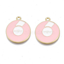 Alloy Enamel Pendants, Cadmium Free & Nickel Free & Lead Free, Light Gold, Flat Round with Word WOW, Pink, 23x20x1.5mm, Hole: 2mm(PALLOY-N170-021B-NR)